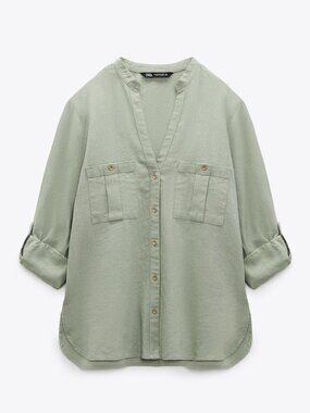 Zara Roll Up Sleeve Linen Blend Button Up Shirt Size L
